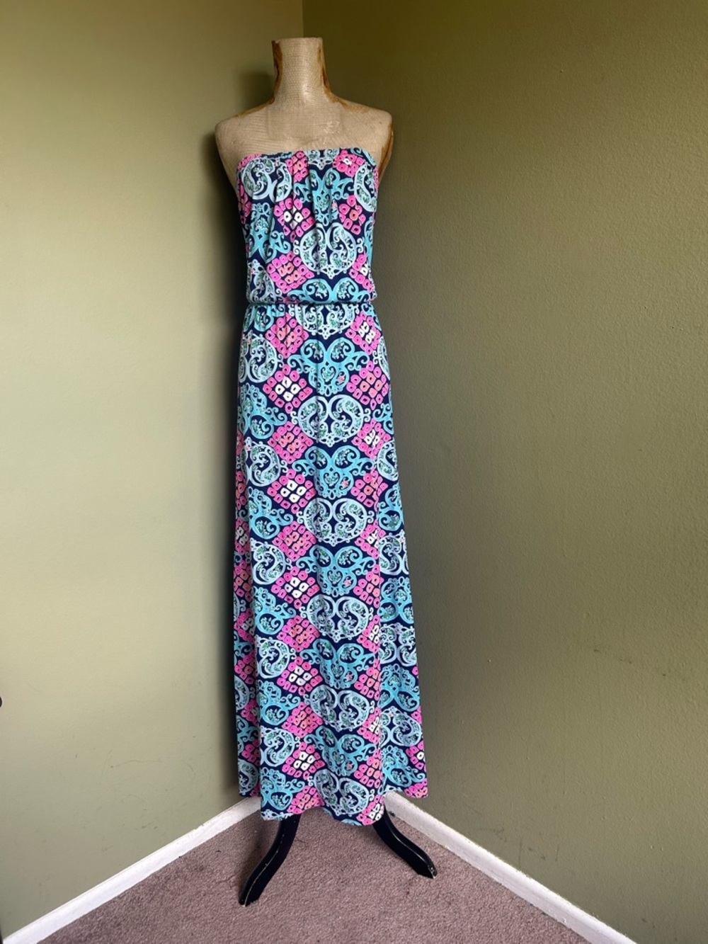Lilly Pulitzer Strapless Maxi Dress in Blue & Pink Pattern
